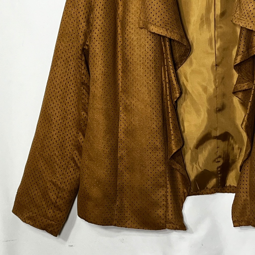 Choices Womens Camel Brown Perforated Faux Suede Draped Open Front Jacket M - Picture 4 of 8